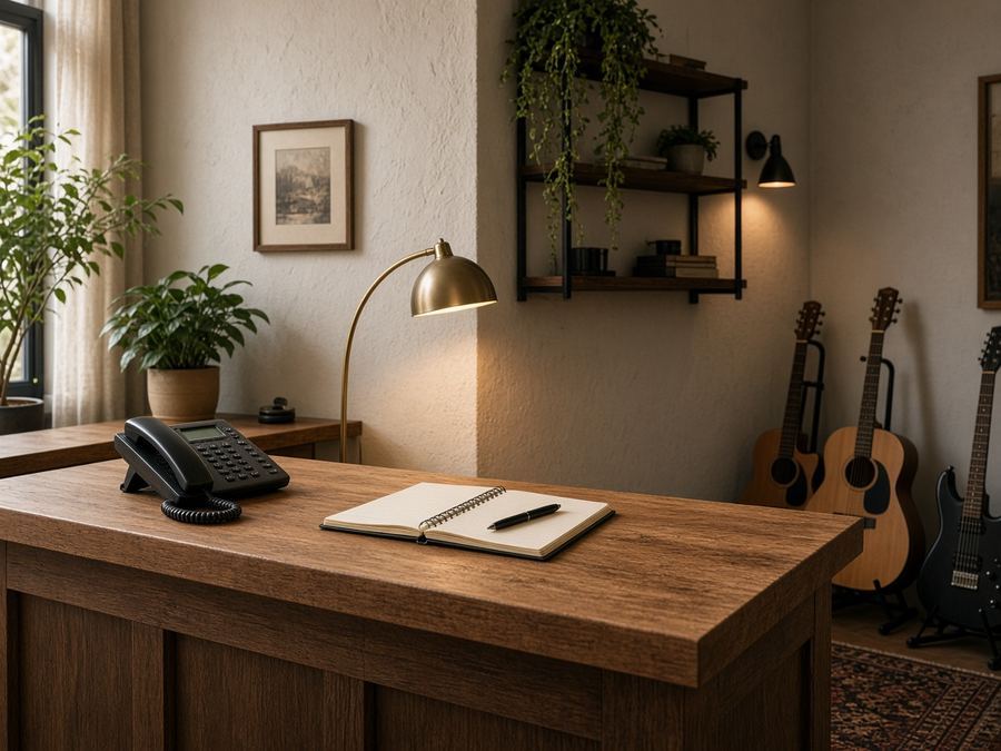 Contact desk at Riardsecre Studio in Thessaloniki